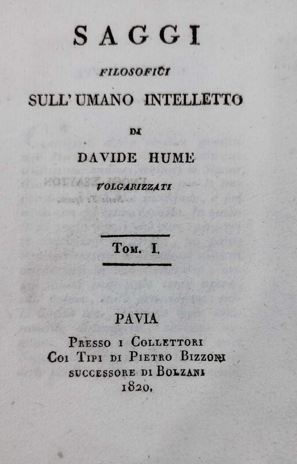 SAGGI FILOSOFICI SULL'UMANO INTELLETTO DI DAVIDE HUME VOLGARIZZATI