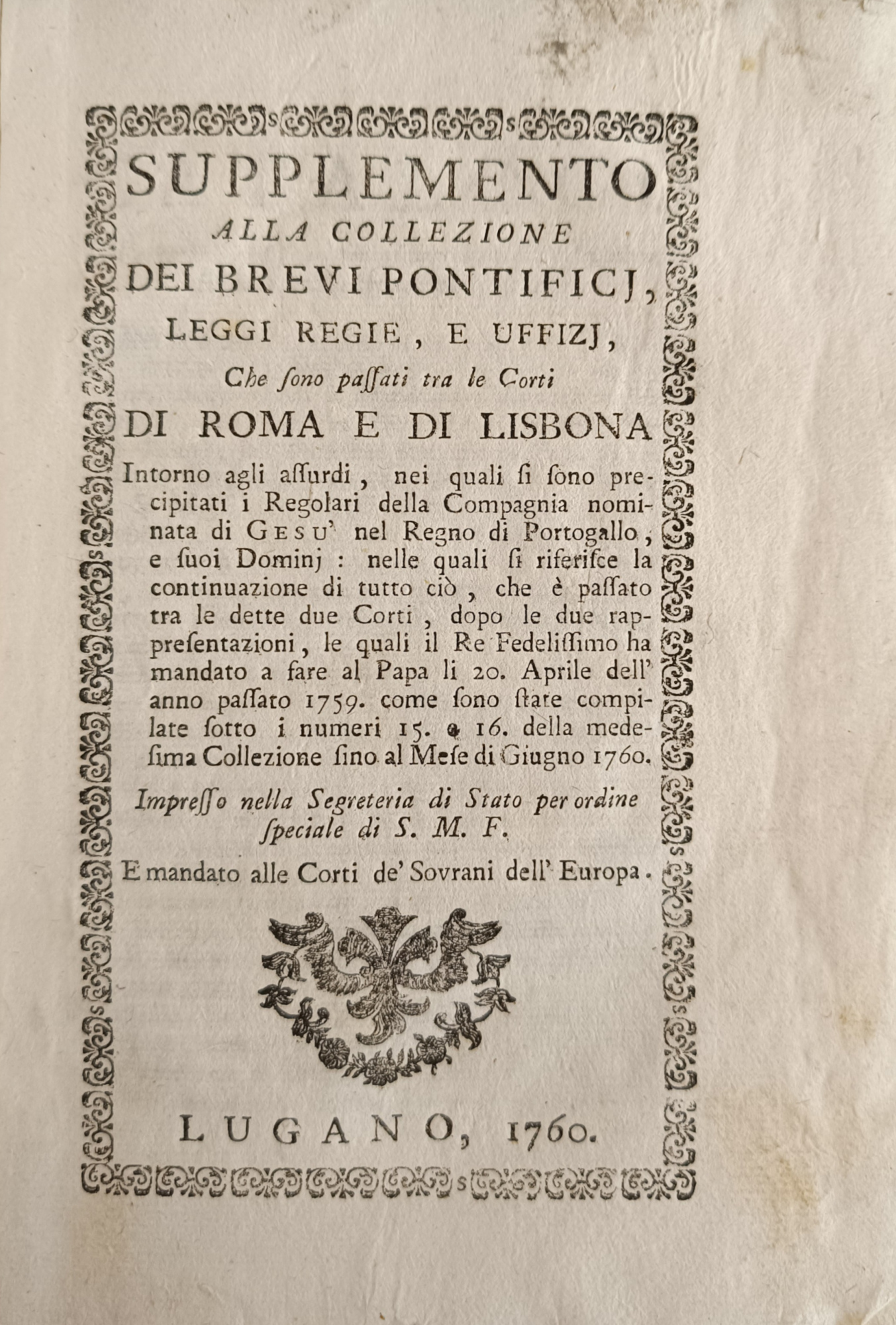 SUPPLEMENTO ALLA COLLEZIONE DEI BREVI PONTIFICJ, LEGGI REGIE, E UFFIZJ, …