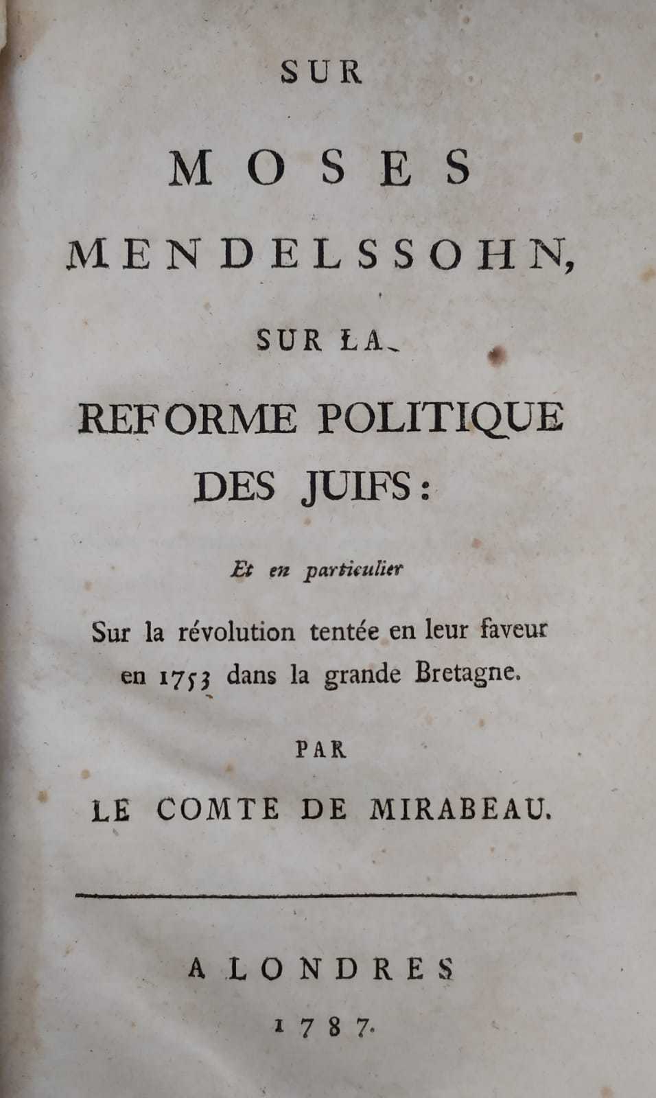 SUR MOSES MENDELSSOHN, SUR LA REFORME POLITIQUE DES JUIFS : …