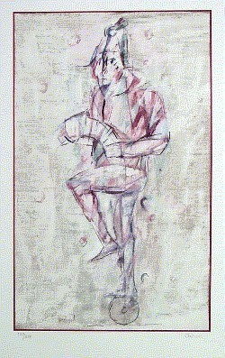 Balance-Akt auf dem Rad. Farbige Grano-Lithographie.