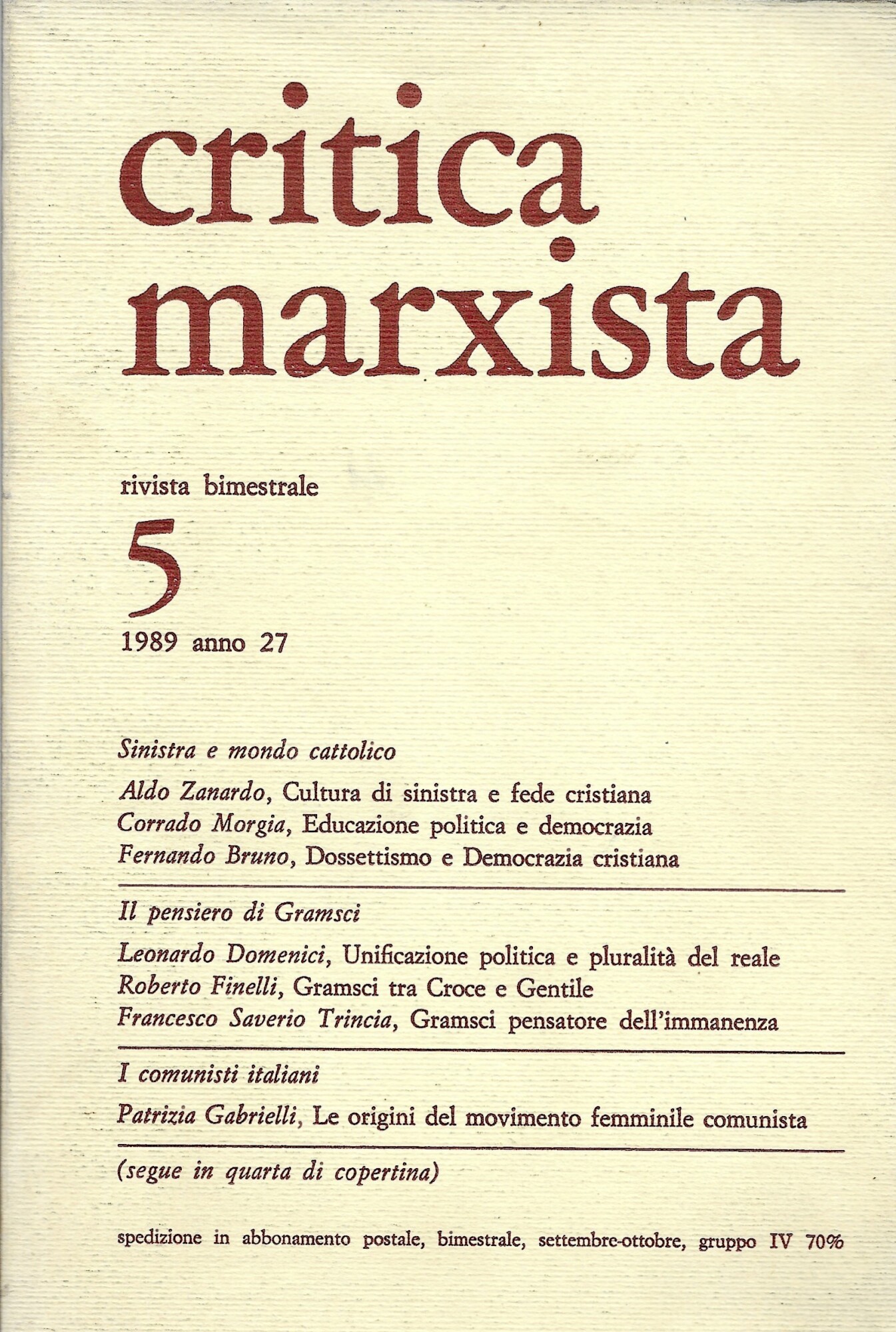 critica marxista - rivista bimestrale n. 5 settembre, ottobre 1989 …