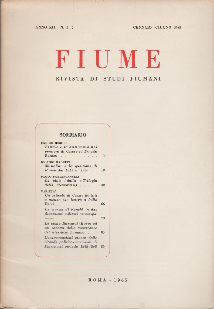 FIUME Rivista di studi fioumani Anno XII n.1-2-3-4 1965