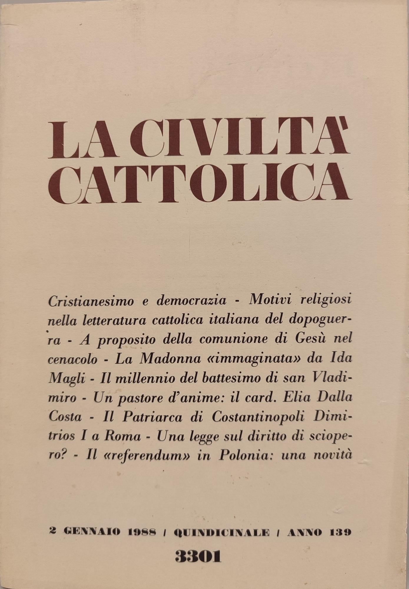 La civiltà Cattolica Anno 139. Annata completa 1988 n fascicoli …