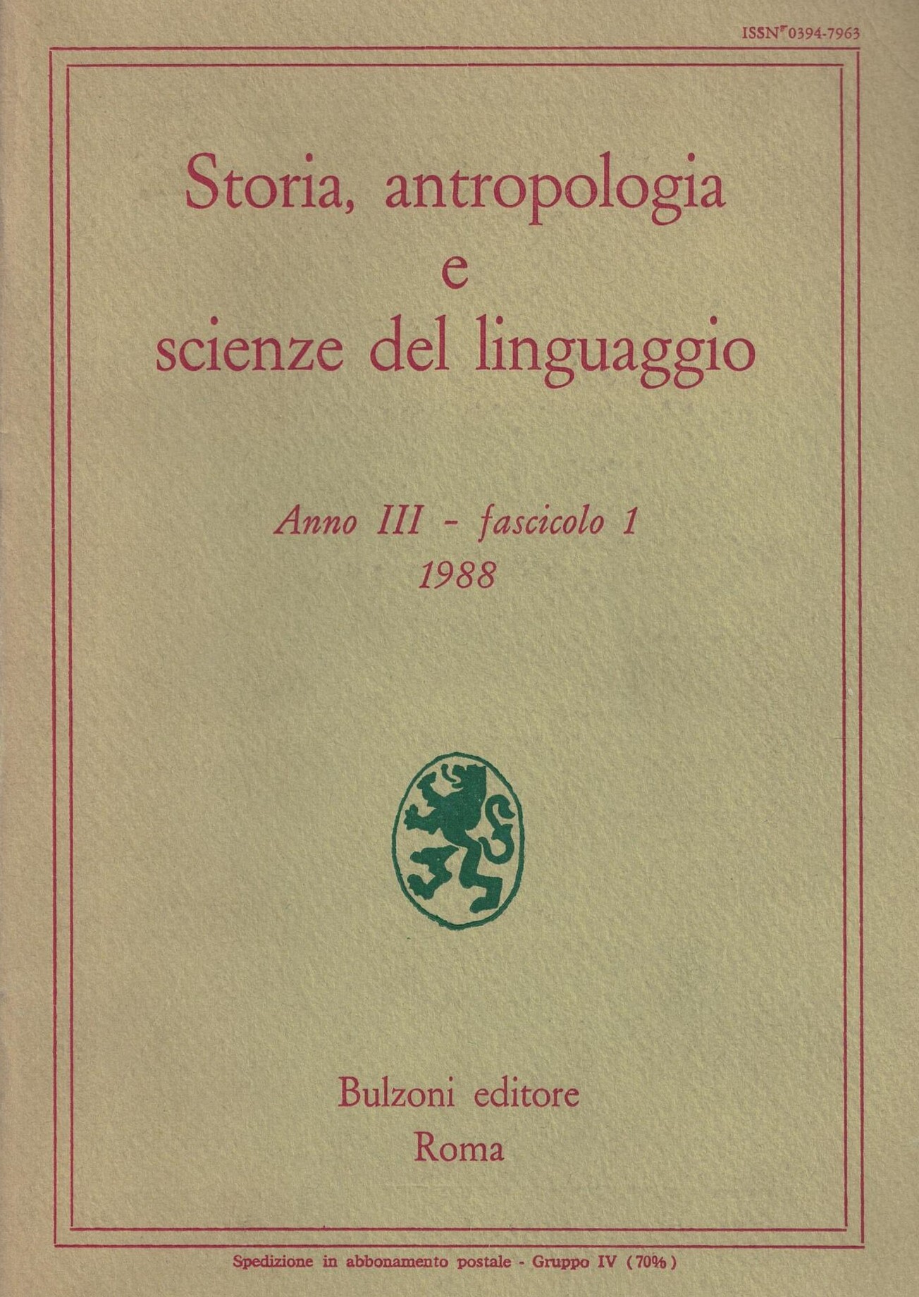 Storia, antropologia e scienze del linguaggio.Anno III fascicolo 1
