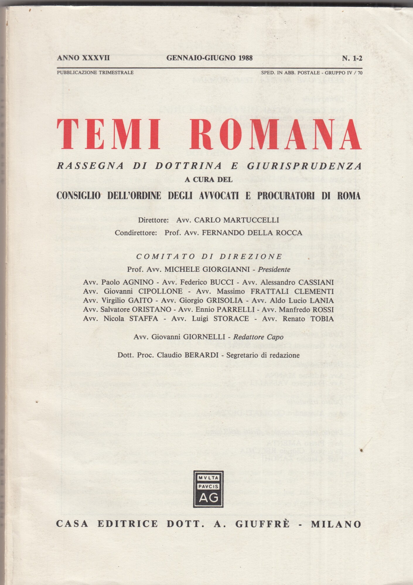 Temi Romana. Rassegna di dottrina e giurisprudenza. 1988. Annata completa