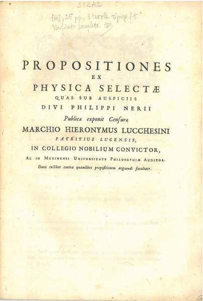 Propositiones ex physica selectae quas sub auspiciis divi Philippi Nerii …