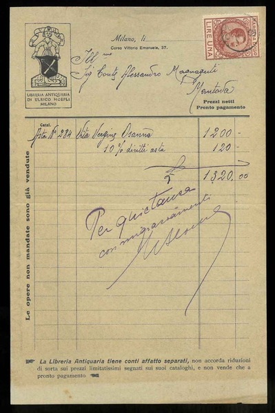 Fattura della Libreria antiquaria di Ulrico Hoepli. "Ill.mo Sig. Conte …
