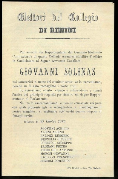 Elettori del Collegio di Rimini. "essendosi stabilito d'offrire la Candidatura …