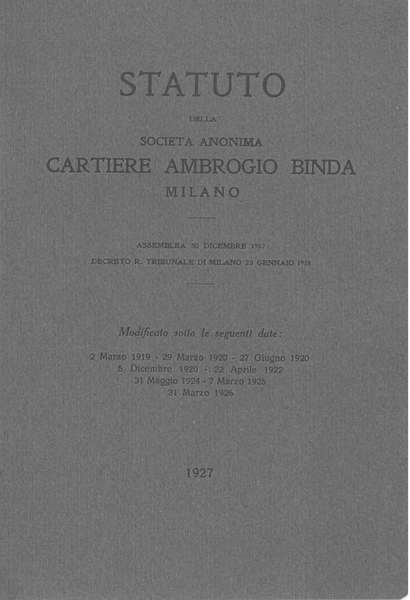 Statuto della società anonima cartiere Ambrogio Binda