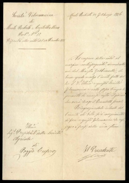 Lettera del Presidente della Società Filarmonica di Monte Roberto e …