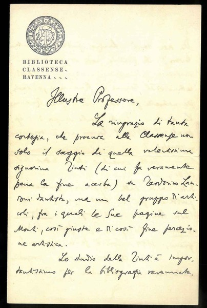 Lettera su carta intestata con logo Biblioteca Classense Ravenna "Illustre …