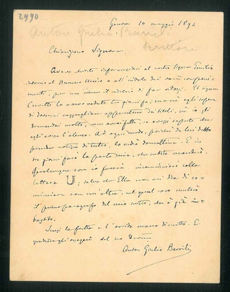 Chiarissimo Signore. Genova 10 maggio 1892