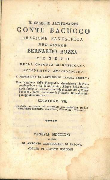 Il celebre altitonante Conte Bacucco. Orazione panegirica del signor Bernardo …