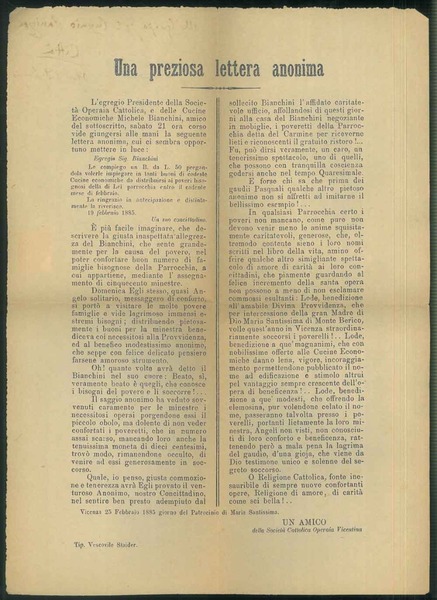 "Una preziosa lettera anonima". Foglio piegato in 1/4 con indirizzo …