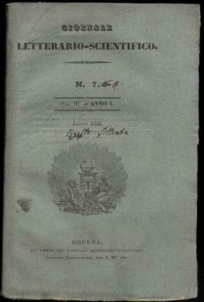 Giornale Letterario-Scientifico n° 7. Vol. III - Anno I. Luglio-Settembre …