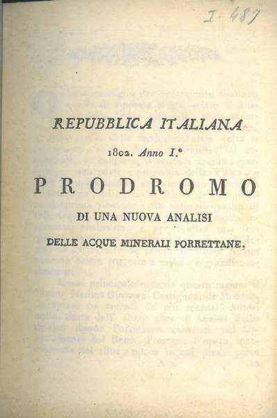 Repubblica Italiana 1802, anno I°. Prodromo di una nuova analisi …