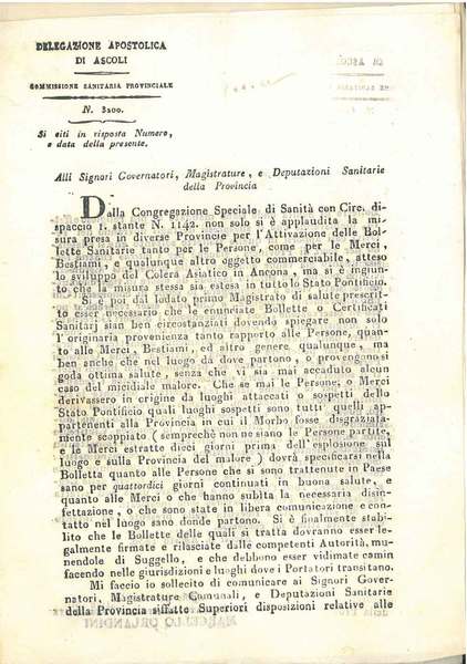 Delegazione Apostolica di Ascoli, Commissione Sanitaria Provinciale. Alli Signori Governatori, …