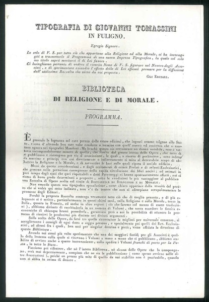 Programma della Biblioteca di Religione e di Morale. Condizioni dell'associazione …