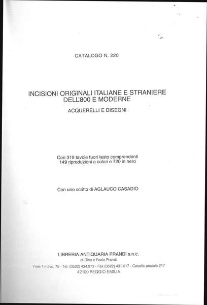Catalogo n. 220. Incisioni originali italiane e straniere dell'800 e …