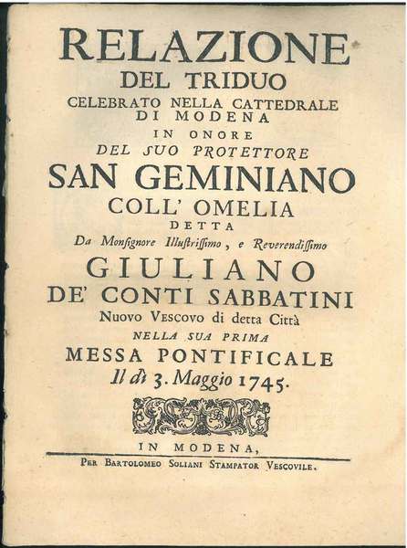 Relazione del triduo celebrato nella cattedrale di Modena in onore …