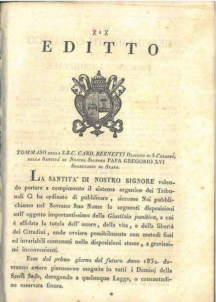 Editto. Tommaso della S: R. C. Card. Bernetti Diacono di …