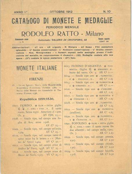 Catalogo di monete e medaglie. Periodico mensile di Rodolfo Ratto. …