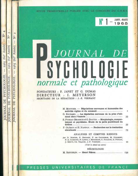 Journal de psychologie normale ed pathologique. 62° année, 1965, annata …