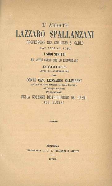 L' abbate Lazzaro Spallanzani professore nel collegio S. Carlo dal …