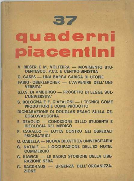 Quaderni piacentini. Anno viii, n. 37, marzo 1969