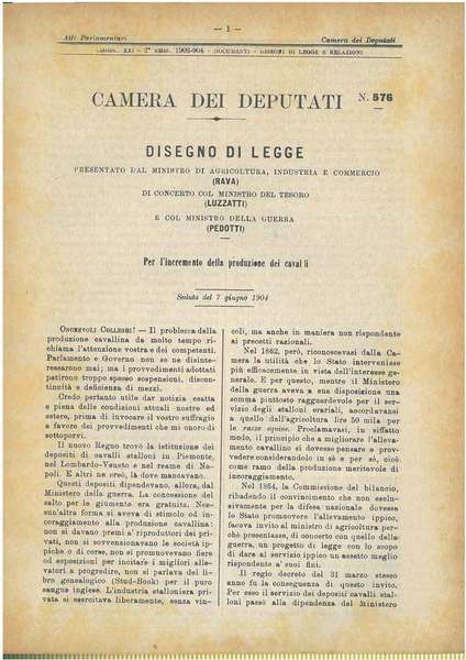Disegno di legge Per l'incremento della produzione dei cavalli. Seduta …