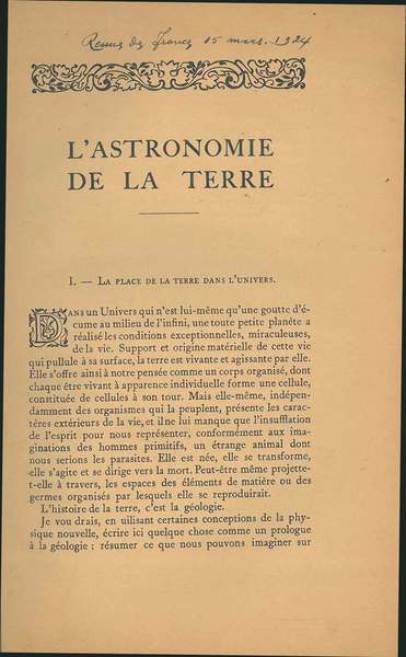 L' astronomie de la terre Estratto Revue de France, 15 …