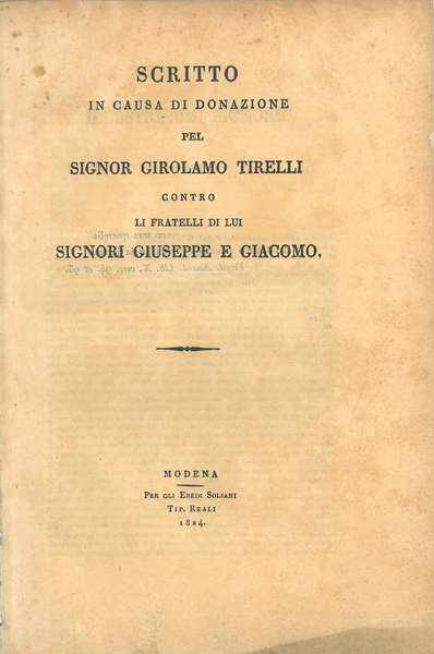 Scritto in causa di donazione del Signor Girolamo Tirelli contro …
