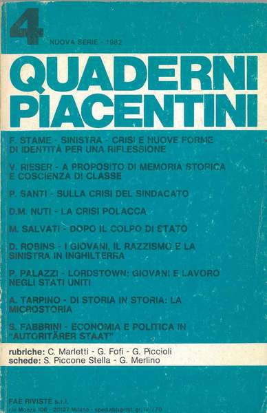 Quaderni piacentini. Nuova serie. n. 4, 1982