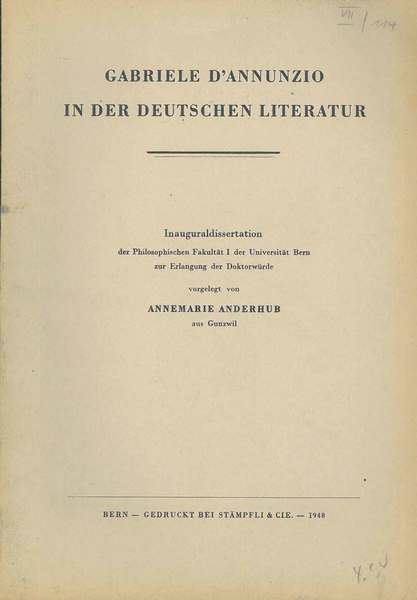Gabriele d'Annunzio in der deutschen Literatur. Inaugural dissertation der Philosophischen …