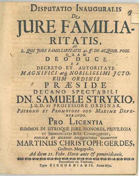 Disputatio inauguralis De Jure Familiaritatis. Pro Licentia summos in utroque …