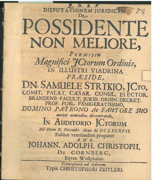 Disputationem juridicam De Possidente non meliore. In Auditorio JCtorum. Publice …
