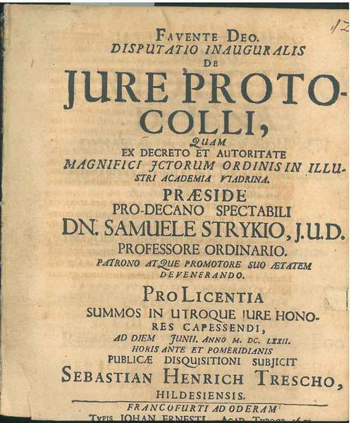 Disputatio Inauguralis De Jure Protocolli. Pro Licentia. Publicae Disquisitioni Subjicit