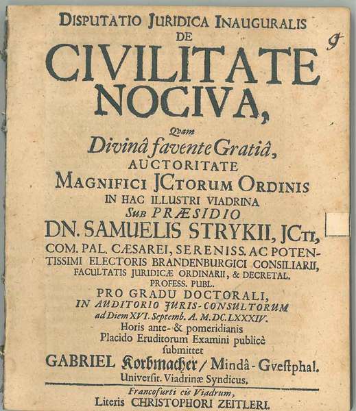 Disputatio Juridica Inauguralis De Civilitate Nociva. Pro gradu doctorali. Placido …
