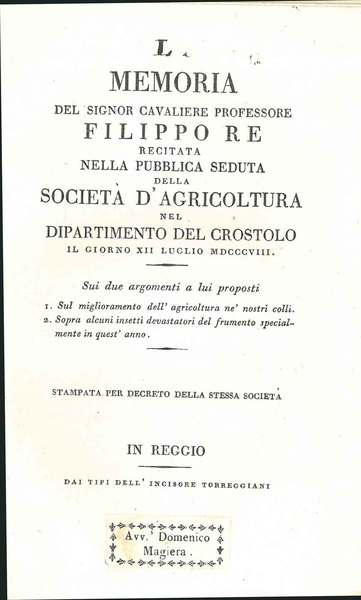 Memoria recitata nella . società d'agricoltura nel dipartimento del Crostolo …