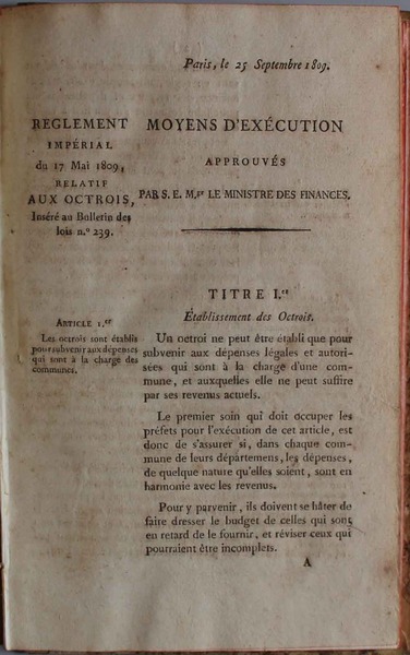 Reglement Moyens D'exécution imperial du 17 Mai 1809 relatif aux …