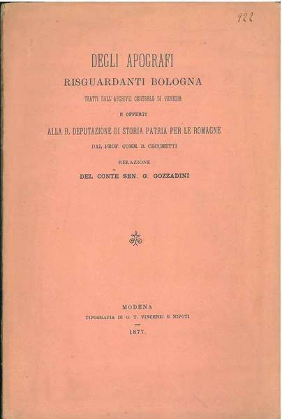 Degli apografi risguardanti Bologna tratti dall'archivio centrale di Venezia