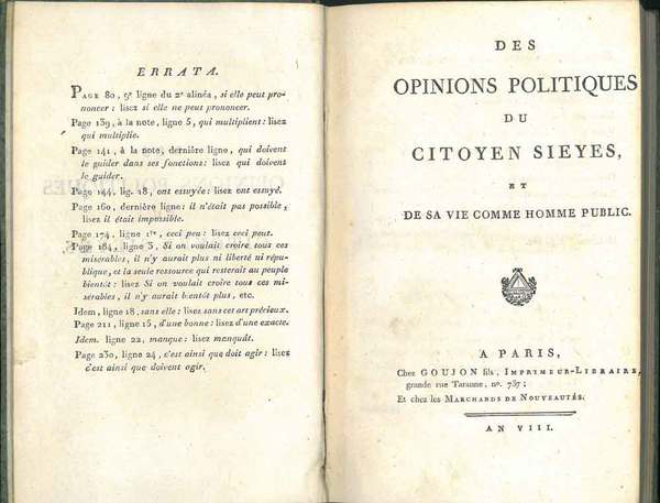 Opinions politiques du citoyen Sieyes et de sa vie comme …