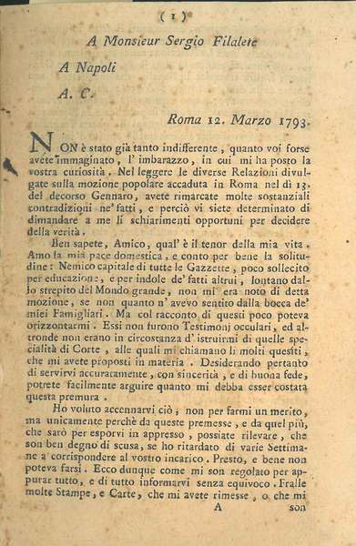 A monsieur Sergio Filalete a Napoli. Relazione, o sia attestato …