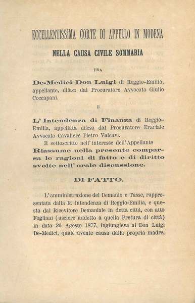 Eccellentissima Corte di appello in Modena nella causa civile sommaria …