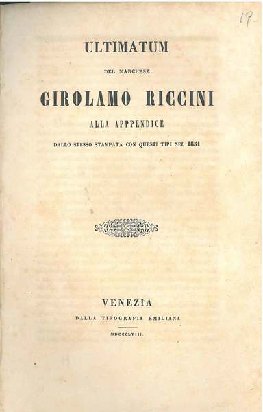 Ultimatum del marchese Girolamo Riccini alla appendice dallo stesso stampata …