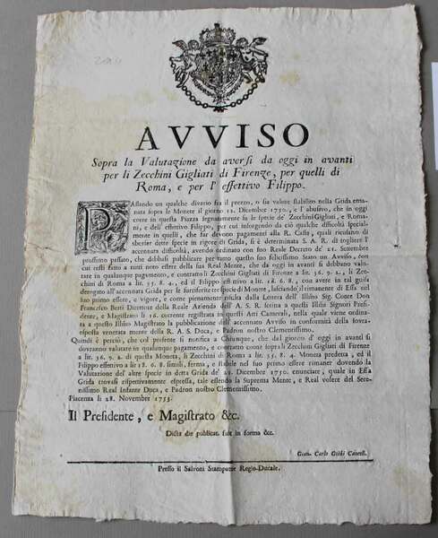 Avviso sopra la valutazione da aversi da oggi in avanti …