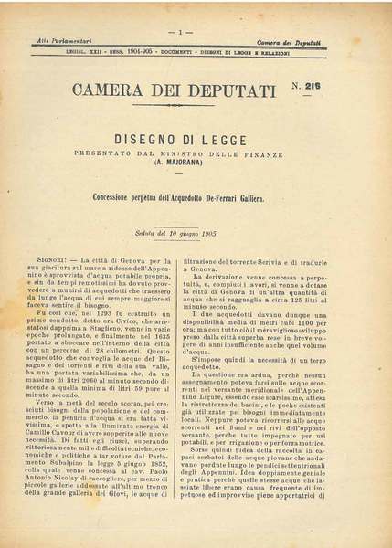 Disegno di legge : Concessione perpetua dell'Acquedotto De-Ferrari Galliera. Relazione …
