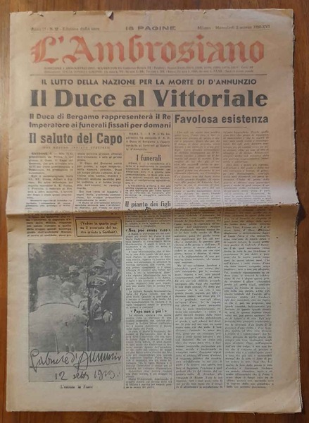 L'Ambrosiano Anno 17, N. 52, 2 Marzo 1938. Il lutto …