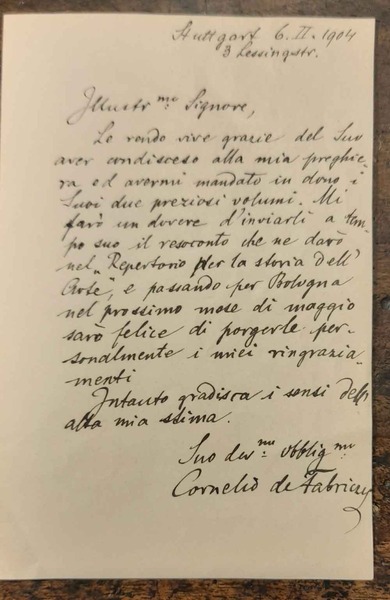 Lettera in ordinata scrittura con firma, ringraziamento al donatore bolognese …
