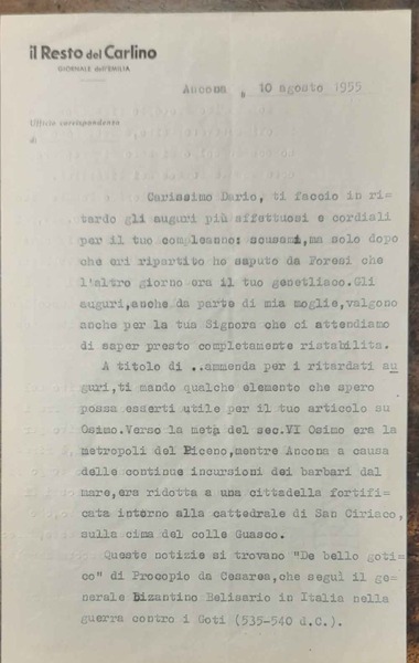 Lettera su carta intestata Il Resto del Carlino, dattiloscritta con …